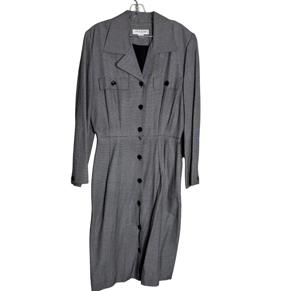 Vtg Evan Picone Houndstooth Dress 12 Rayon Wool Longline‎ Button Front 90s Midi